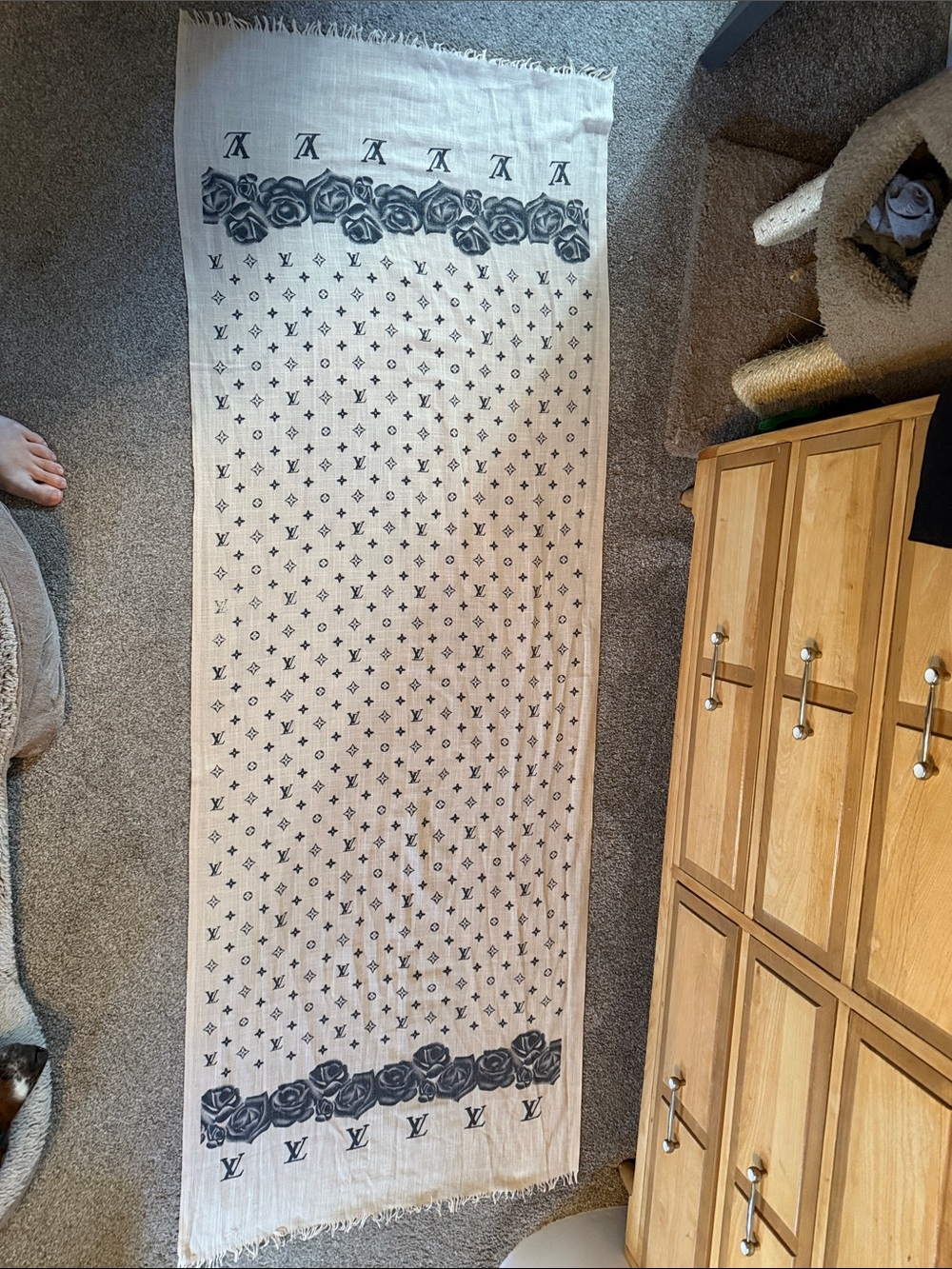 Louis Vuitton Cream and Black Monogram Rose Silk Wrap Scarf
